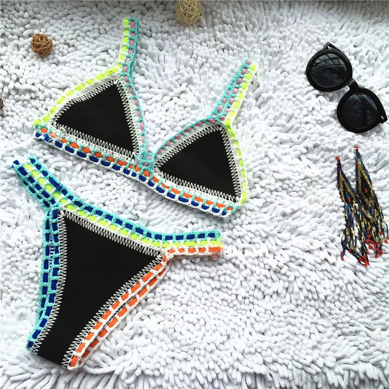 Micro Bikini 2021 Women Handmade Crochet Knit Swimwear Halter Patchwork Bathing Suit Swimsuit Biquini Thong Bikini Traje De Bano