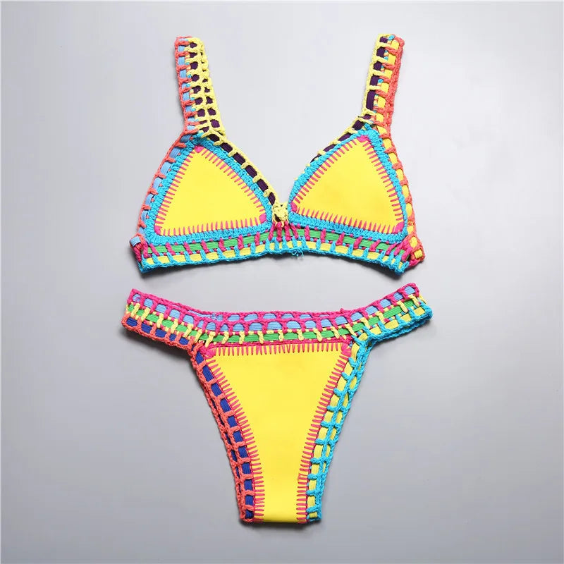 Micro Bikini 2021 Women Handmade Crochet Knit Swimwear Halter Patchwork Bathing Suit Swimsuit Biquini Thong Bikini Traje De Bano