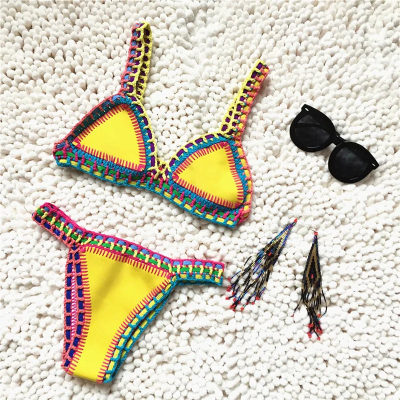 Micro Bikini 2021 Women Handmade Crochet Knit Swimwear Halter Patchwork Bathing Suit Swimsuit Biquini Thong Bikini Traje De Bano