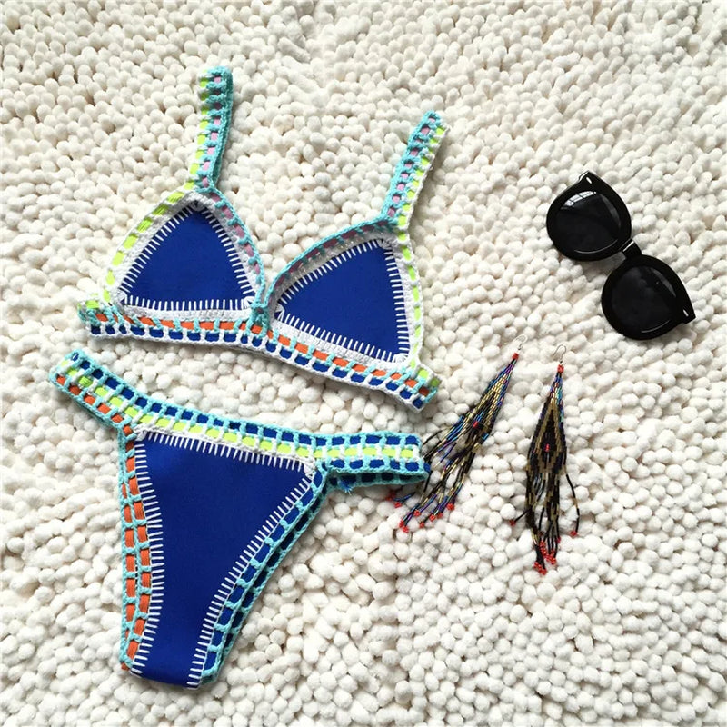 Micro Bikini 2021 Women Handmade Crochet Knit Swimwear Halter Patchwork Bathing Suit Swimsuit Biquini Thong Bikini Traje De Bano