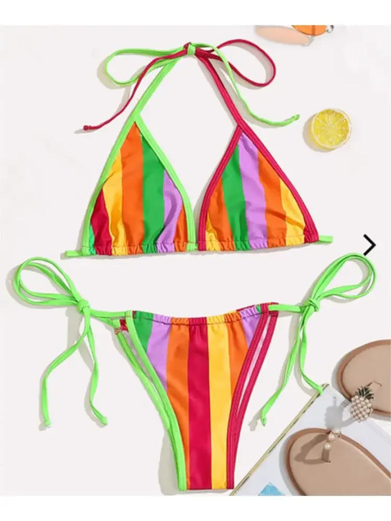 Sexy Rainbow Striped Bikini Swimwear Women 2024 Bandage High Cut Push up Thong Swimsuit Summer Bathing Suit Micro Bikini Biquini